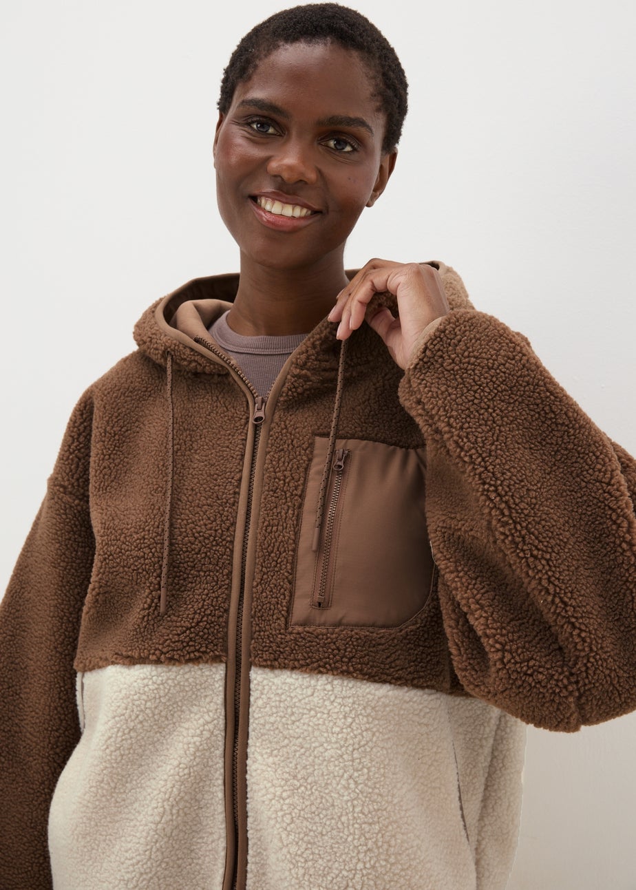 Brown Colour Block Borg Jacket