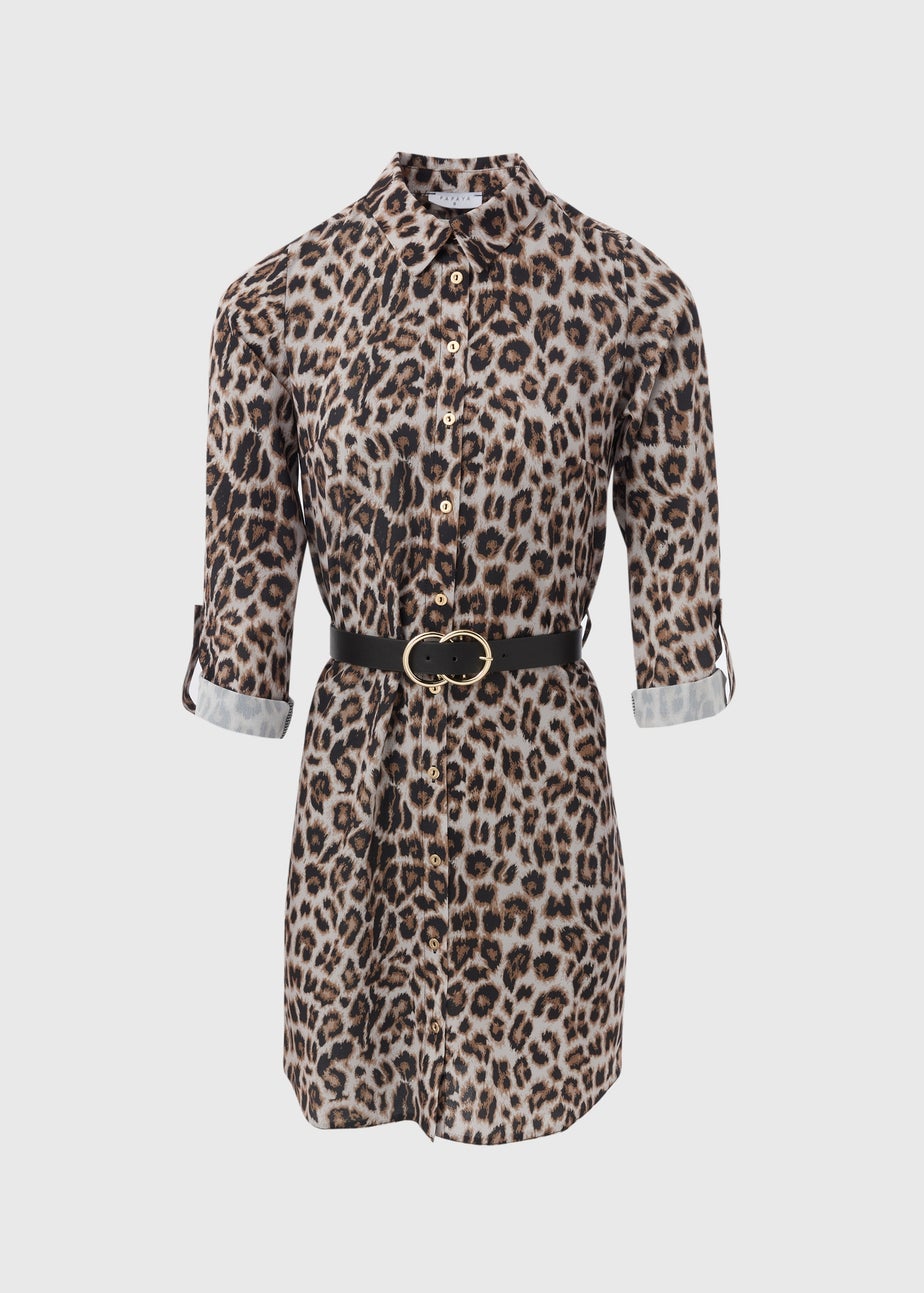 Brown Leopard Belted Shirt Dress