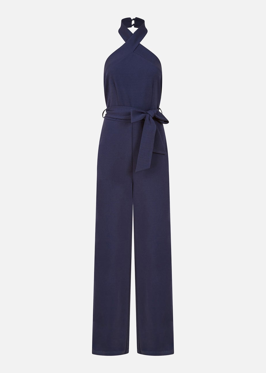 Mela Navy Cross Over Halter Neck Jumpsuit
