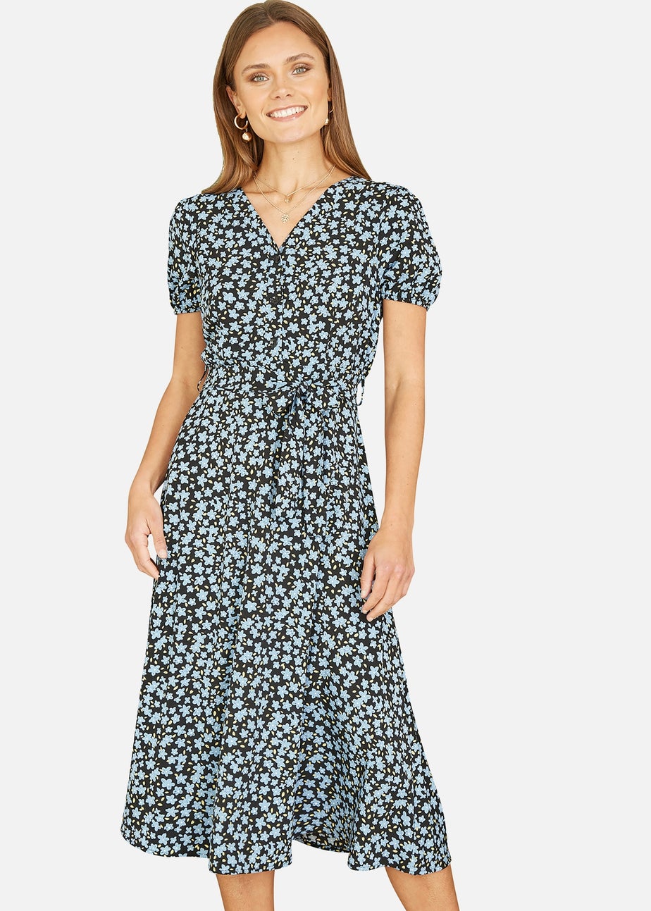 Mela Blue Ditsy Floral Print Midi Shirt Dress