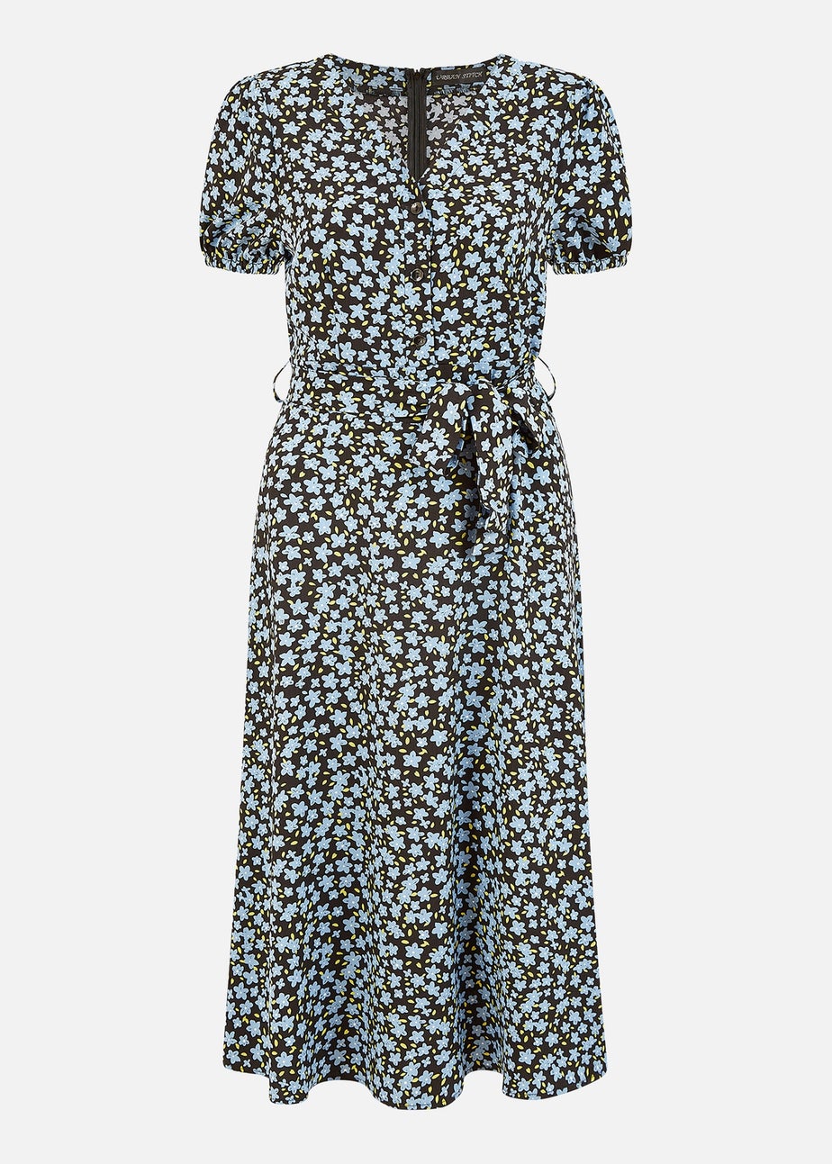 Mela Blue Ditsy Floral Print Midi Shirt Dress