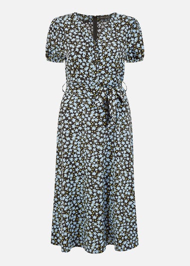 Mela Blue Ditsy Floral Print Midi Shirt Dress