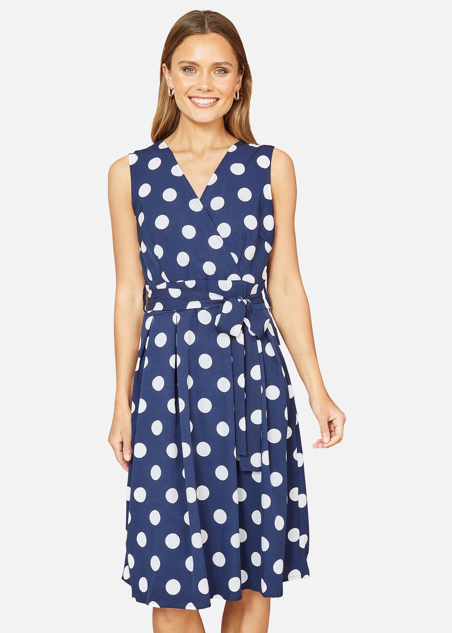 Mela Navy Spot Print Wrap Over Skater Dress