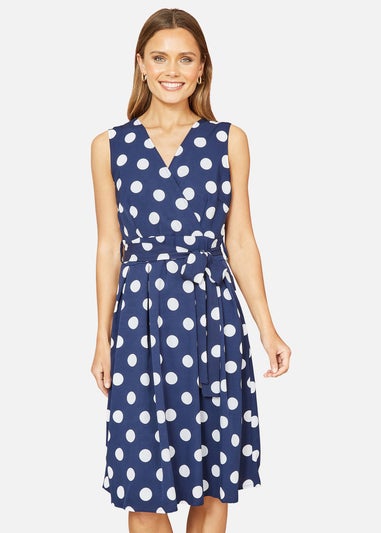 Mela Navy Spot Print Wrap Over Skater Dress