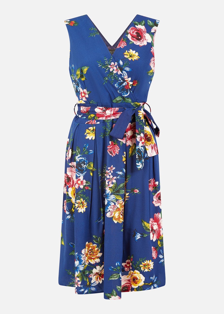 Mela Navy Floral Wrap Over Midi Skater Dress