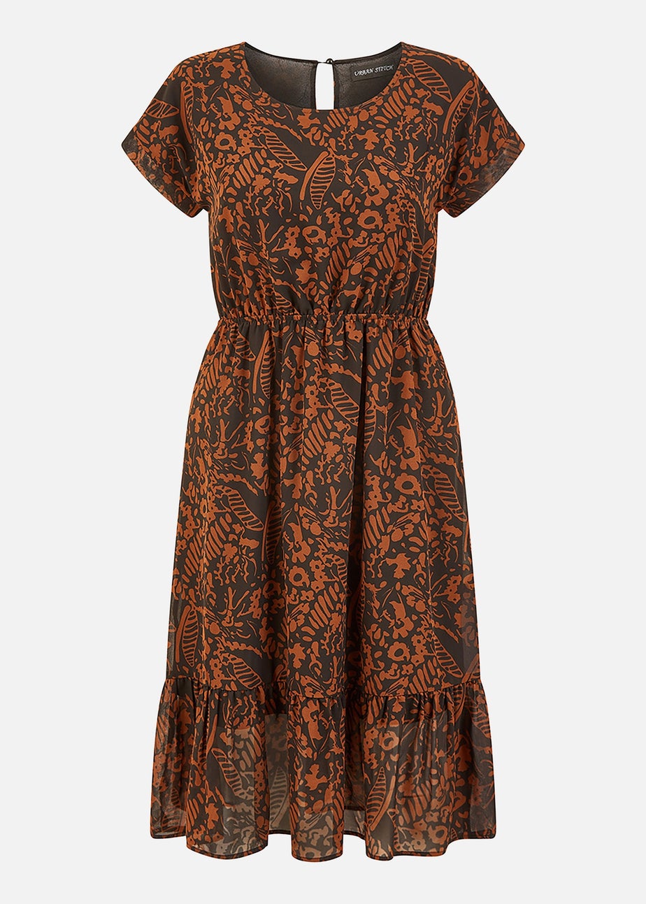 Mela Black Leaf Print Relaxed Fit Skater Dress