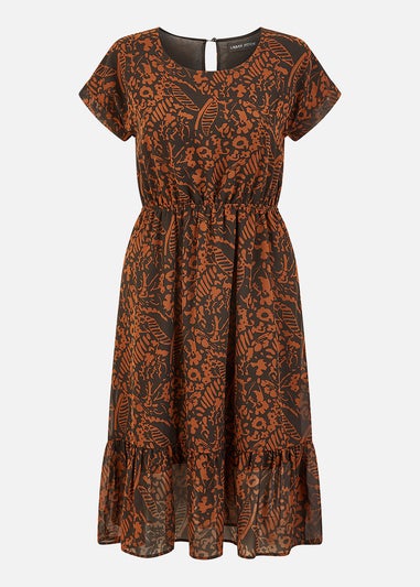 Mela Black Leaf Print Relaxed Fit Skater Dress