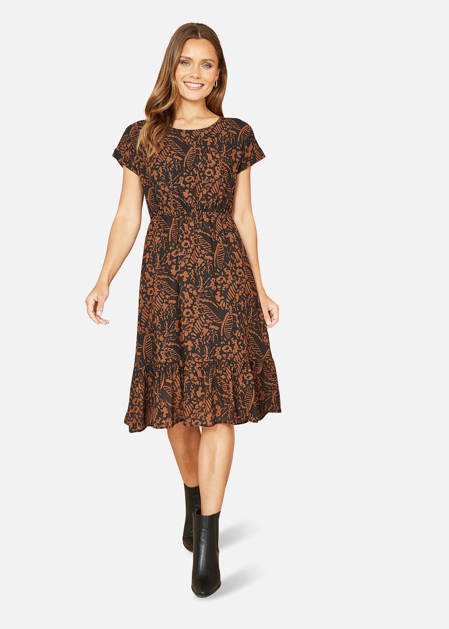 Mela Black Leaf Print Relaxed Fit Skater Dress
