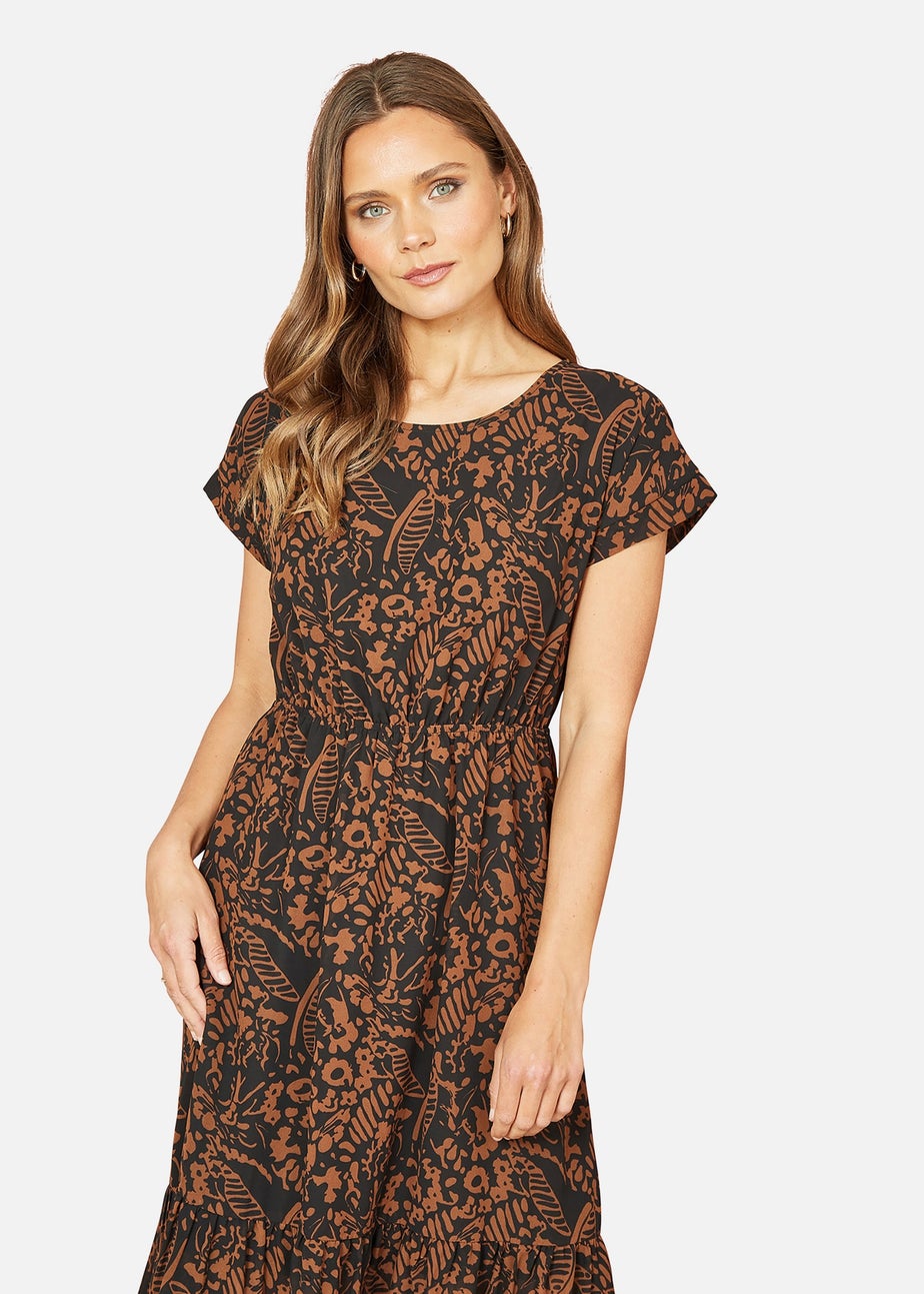 Mela Black Leaf Print Relaxed Fit Skater Dress