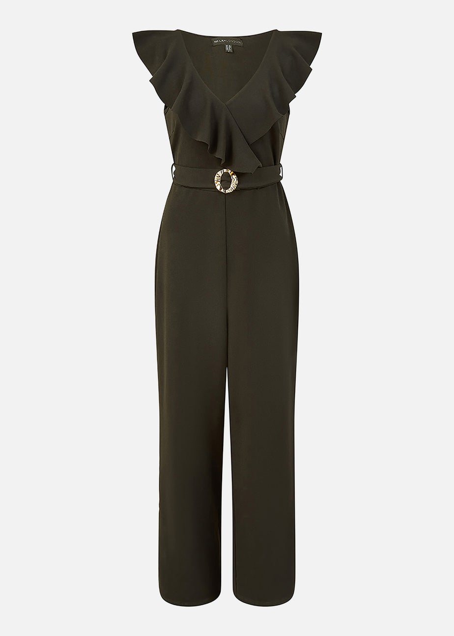 Mela Black Jumpsuit With Gold Buckle and Frill Detail