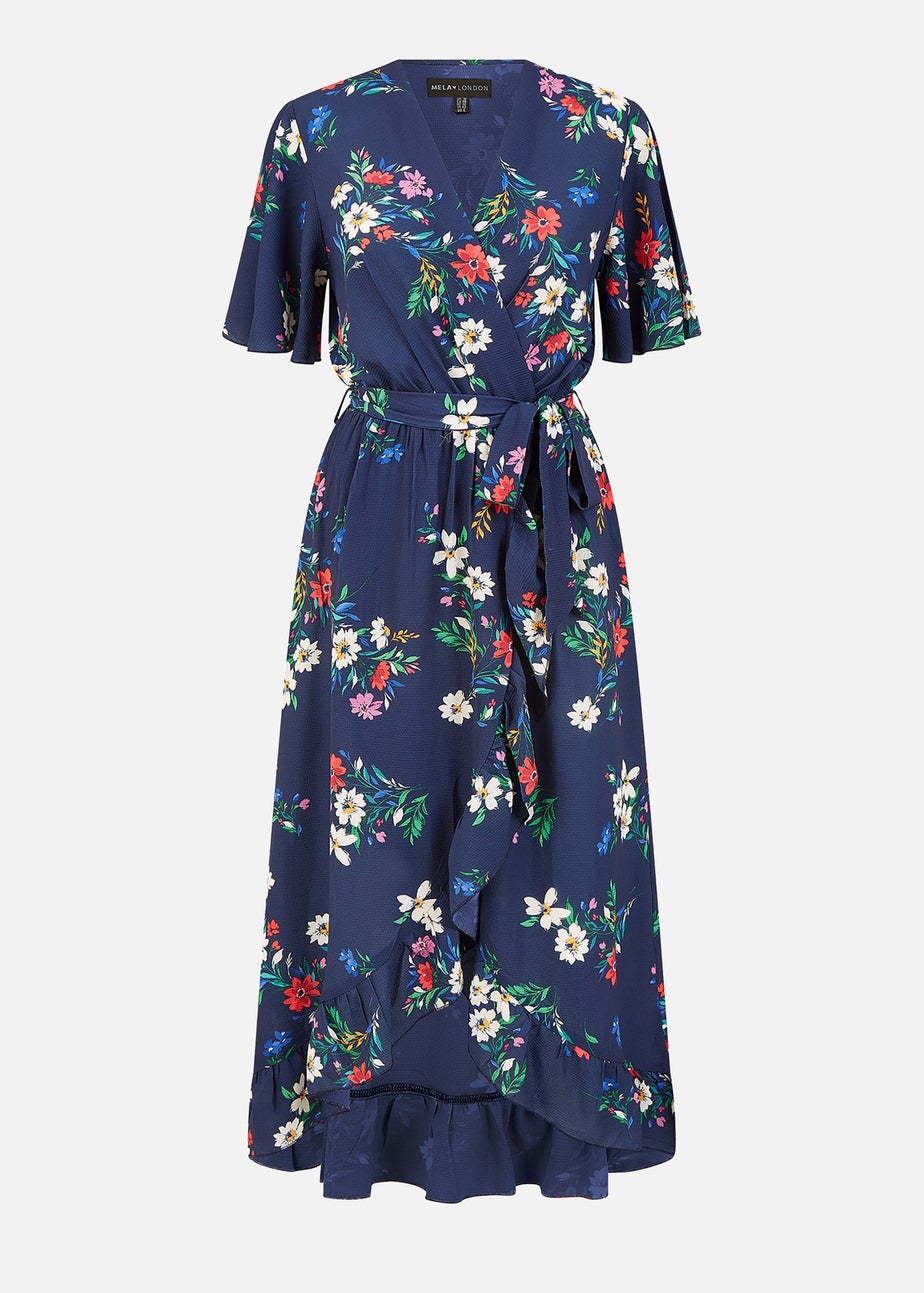 Mela Navy Floral Wrap Dress With Frill Hem