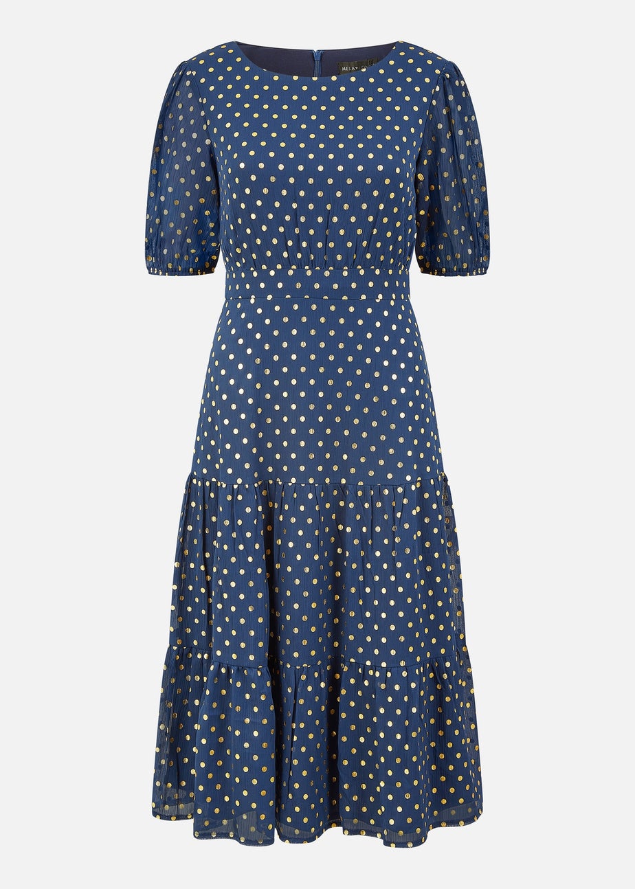 Mela Navy Gold Foil Spot Midi Dress With Scoop Back