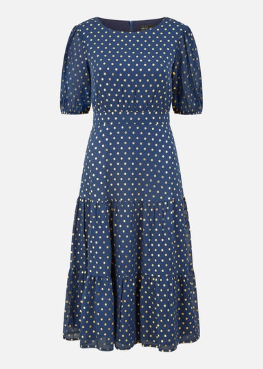Mela Navy Gold Foil Spot Midi Dress With Scoop Back