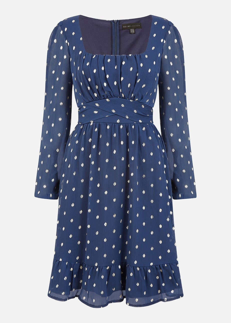 Mela Navy Foil Print Long Sleeve Skater Dress With Wrap Tie Waist
