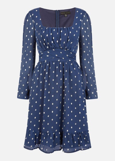 Mela Navy Foil Print Long Sleeve Skater Dress With Wrap Tie Waist