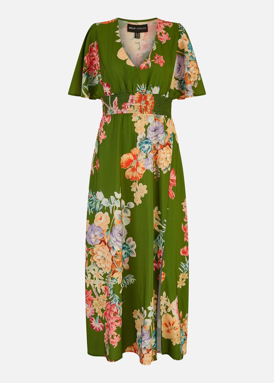 Mela Green Floral Ruched Waist Maxi Dress With Split Hemline