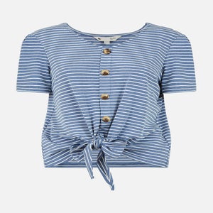 Yumi Blue Striped Jersey Button Detail Top