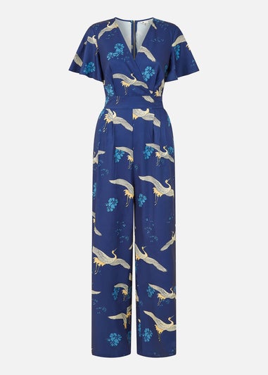 Yumi Navy Crane Print Angel Sleeve Jumpsuit