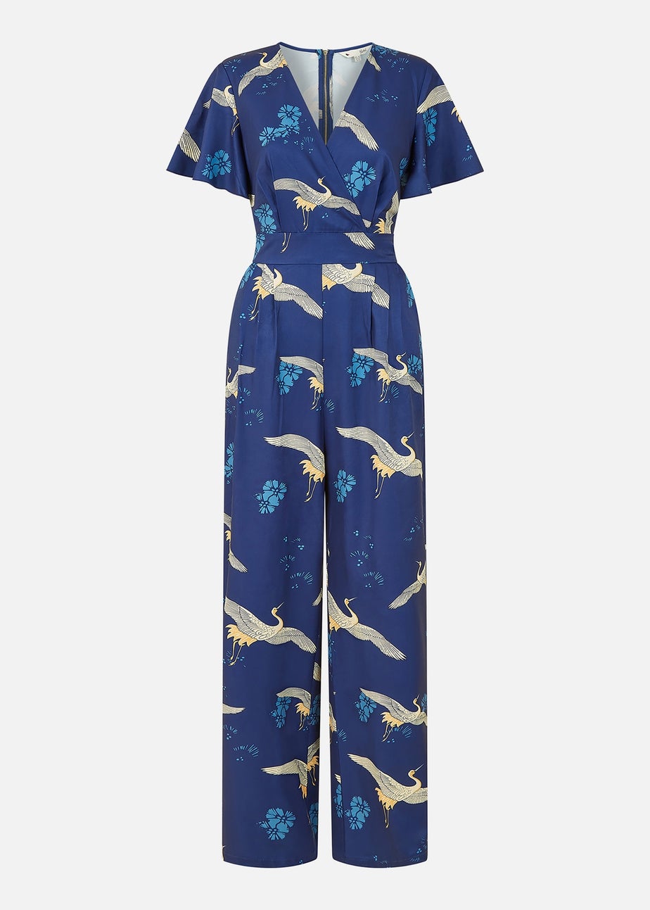 Yumi Navy Crane Print Angel Sleeve Jumpsuit