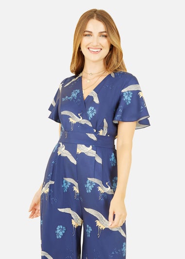 Yumi Navy Crane Print Angel Sleeve Jumpsuit