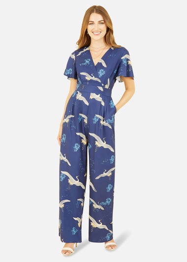 Yumi Navy Crane Print Angel Sleeve Jumpsuit