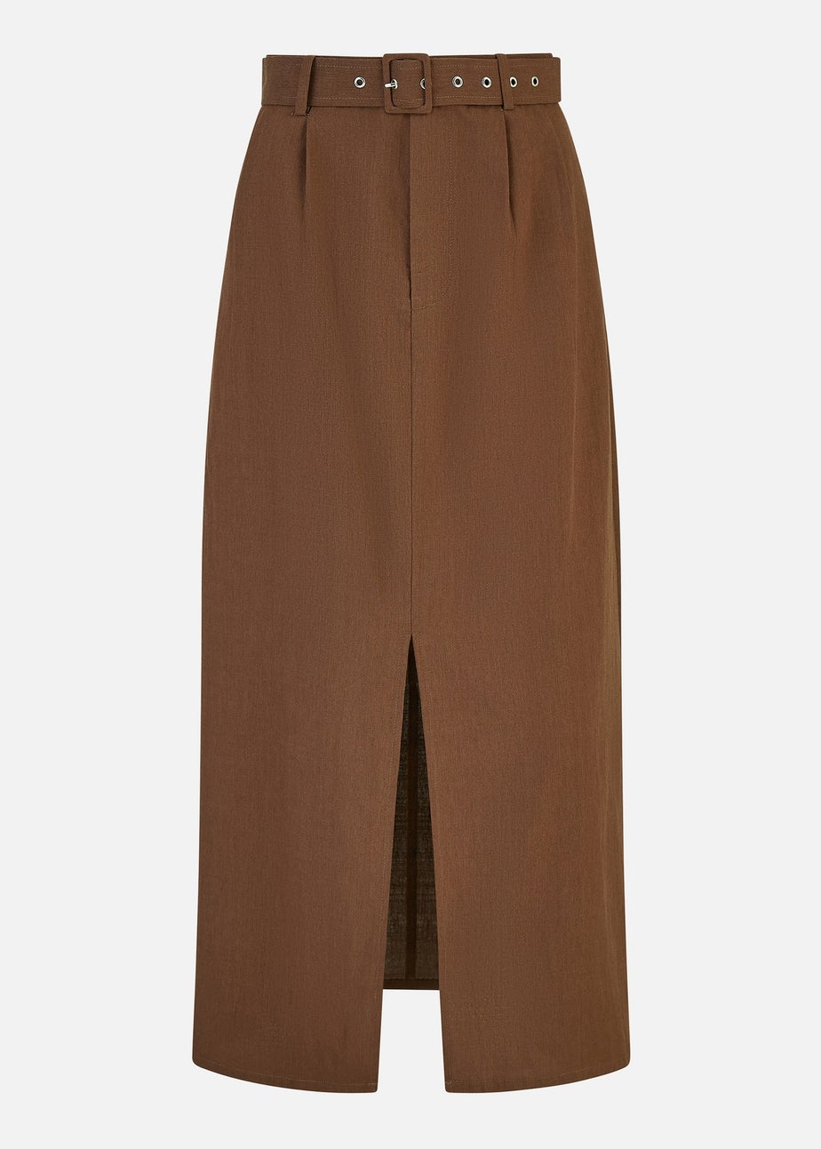 Yumi Brown Cotton Midi Skirt With Belt And Split Hem