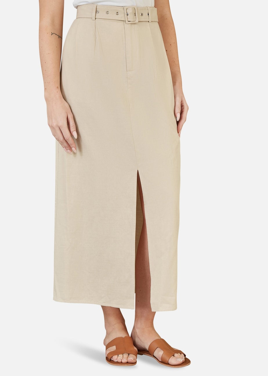 Yumi Stone Cotton Midi Skirt With Belt And Split Hem