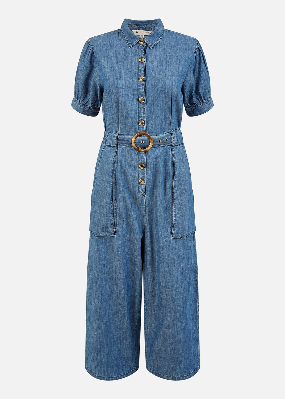 Yumi Blue Cotton Chambray Button Up Jumpsuit