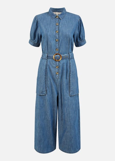 Yumi Blue Cotton Chambray Button Up Jumpsuit