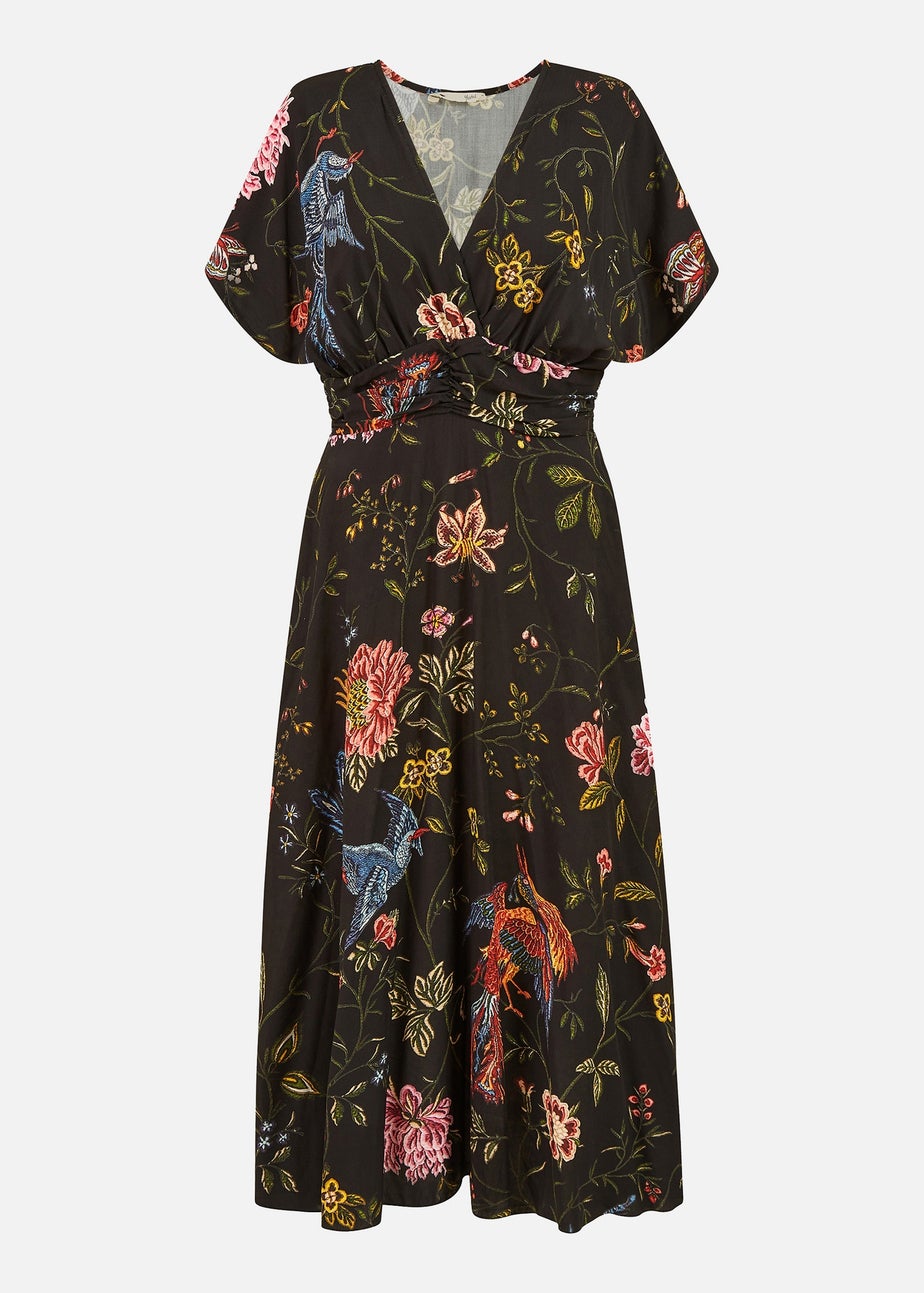 Yumi Black Viscose Bird and Floral Print Kimono Midi Dress
