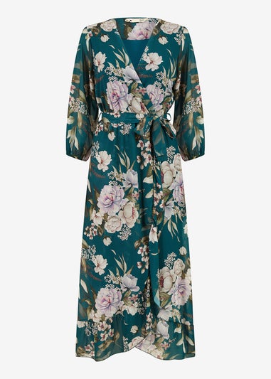 Yumi Teal Floral Wrap Dress With Frill Detail