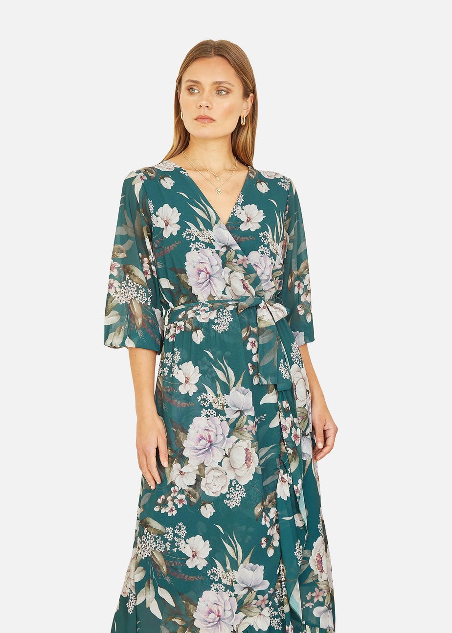 Yumi Teal Floral Wrap Dress With Frill Detail