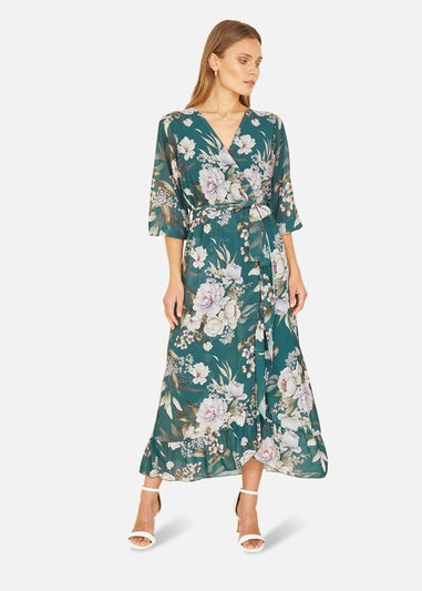 Yumi Teal Floral Wrap Dress With Frill Detail