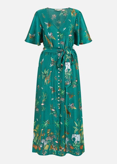Yumi Green Satin Animal Safari Print Midi Shirt Dress