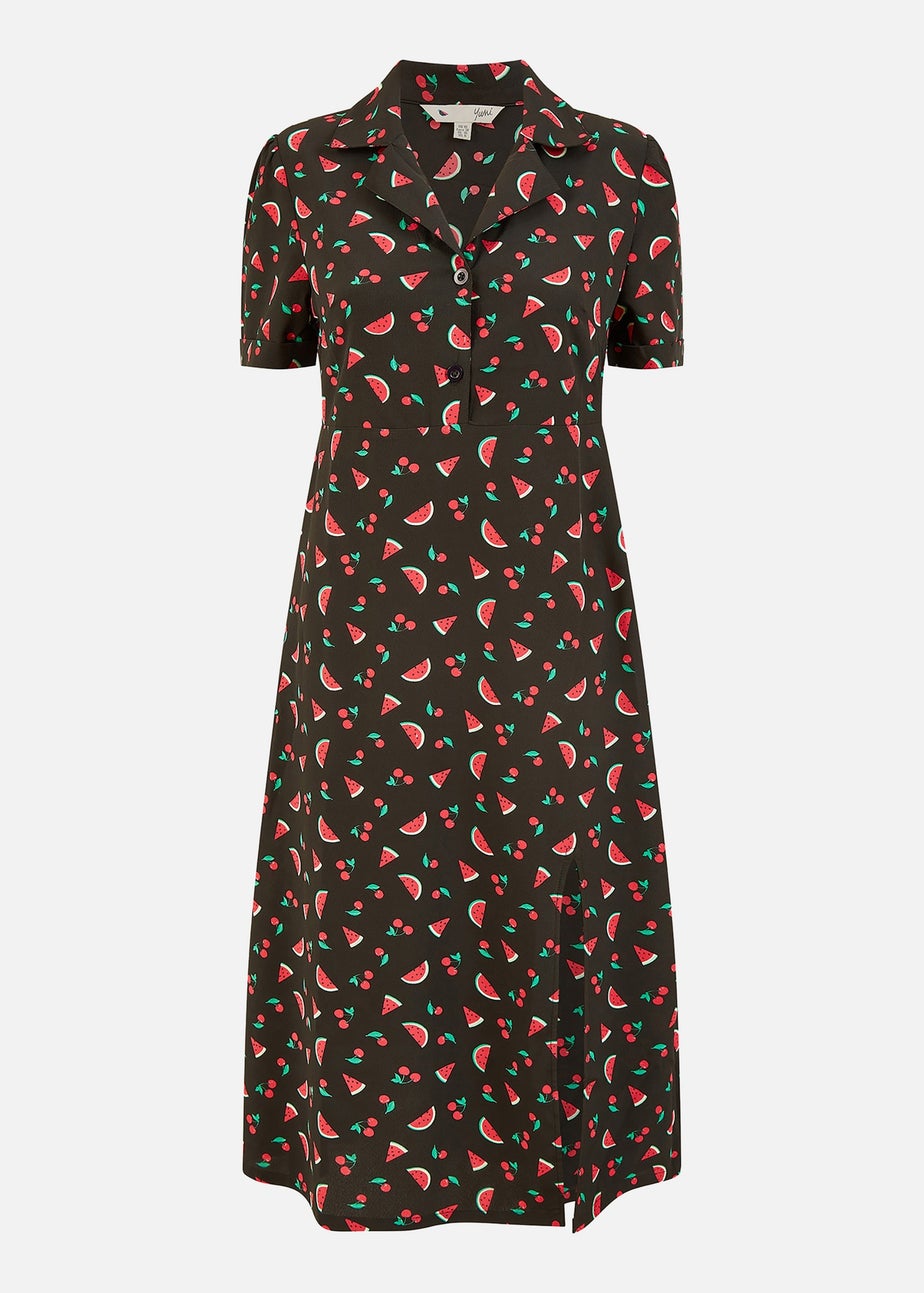 Yumi Black Recycled Watermelon Print Shirt Dress With Side Split