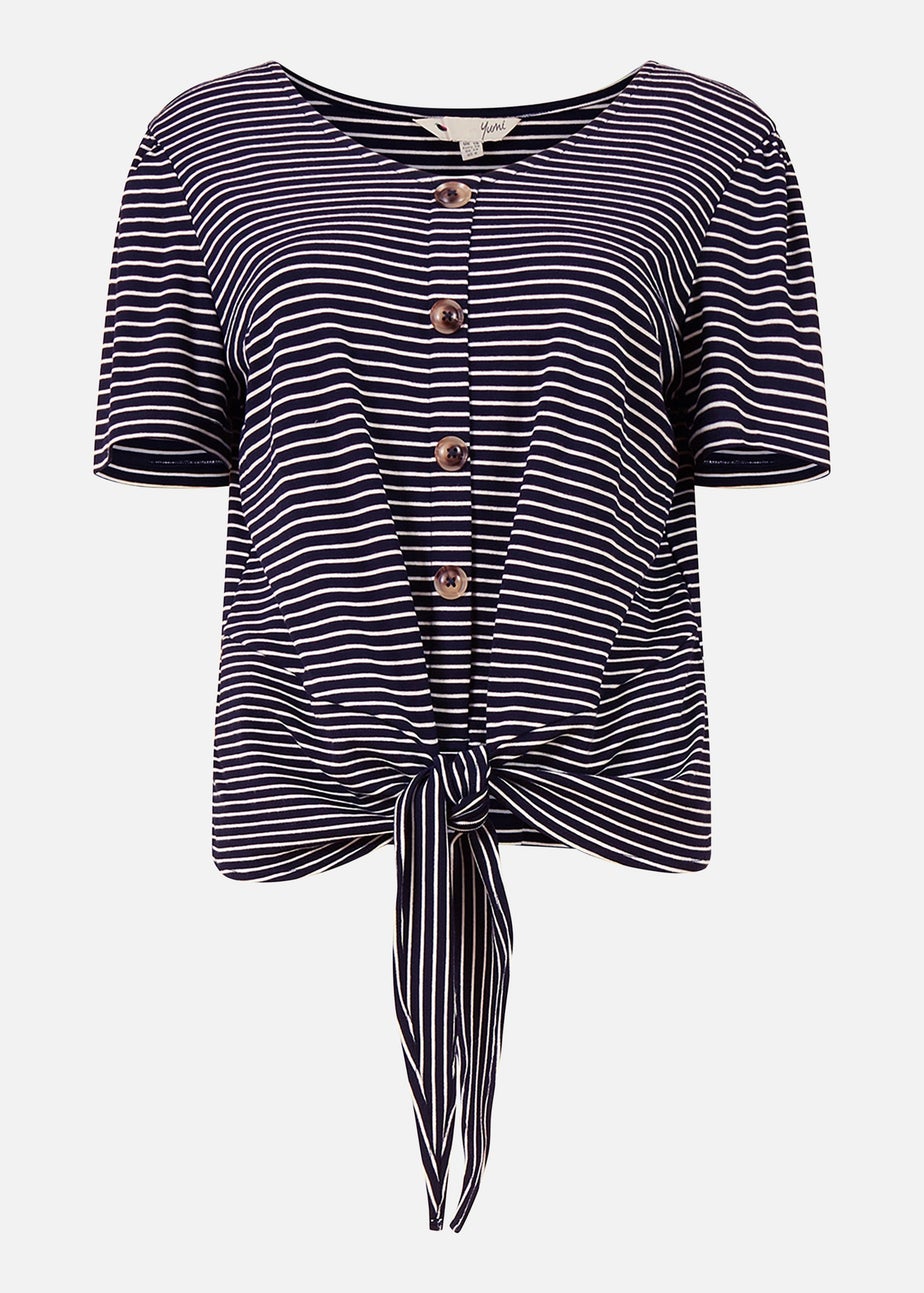 Yumi Navy Striped Jersey Button Detail Top