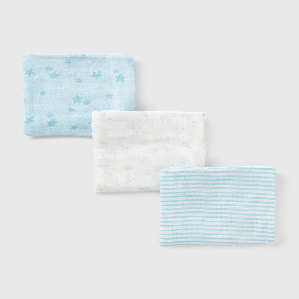 3 Pack Baby Blue Muslin Squares