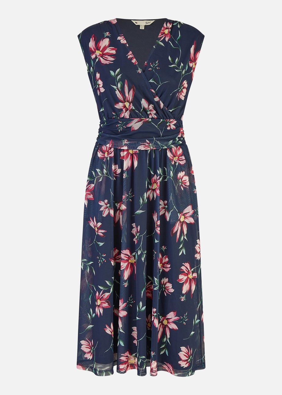Yumi Navy Floral Print V-Neck Midi Skater Dress