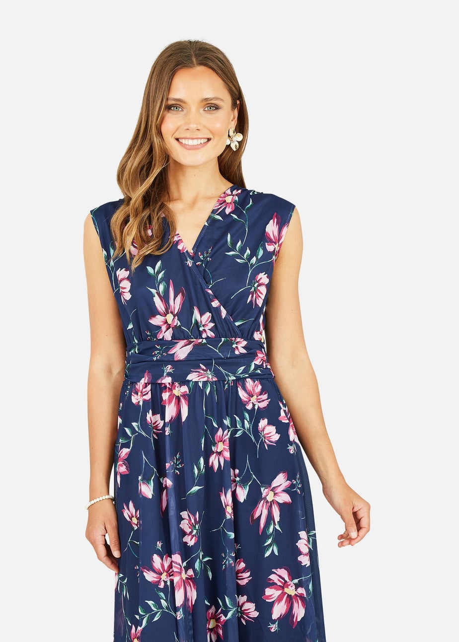 Yumi Navy Floral Print V-Neck Midi Skater Dress