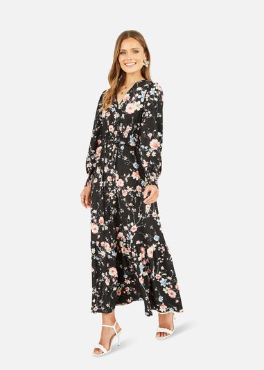 Yumi Black Blossom Floral Print Ruched Long Sleeves Midi Dress