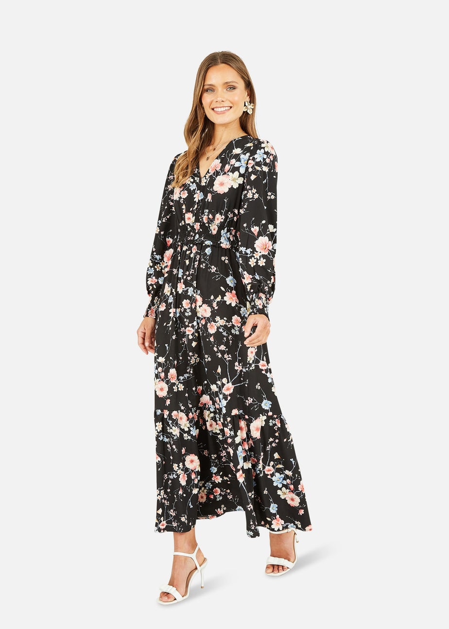 Yumi Black Blossom Floral Print Ruched Long Sleeves Midi Dress