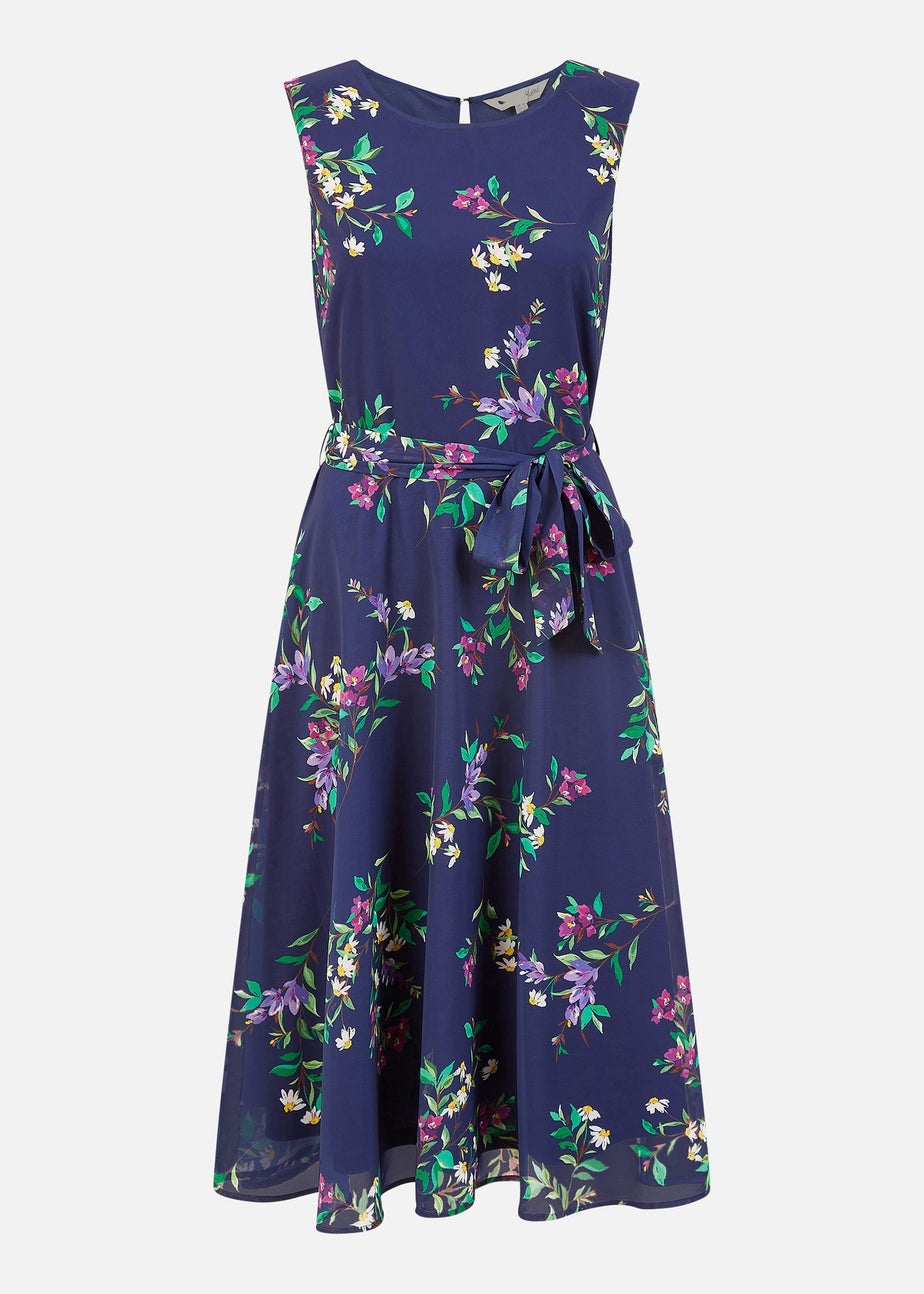 Yumi Navy Floral Print Midi Skater Dress