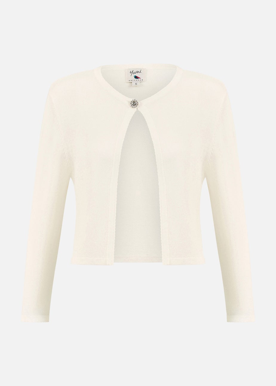 Yumi Ivory Diamante Button Cropped Cardigan