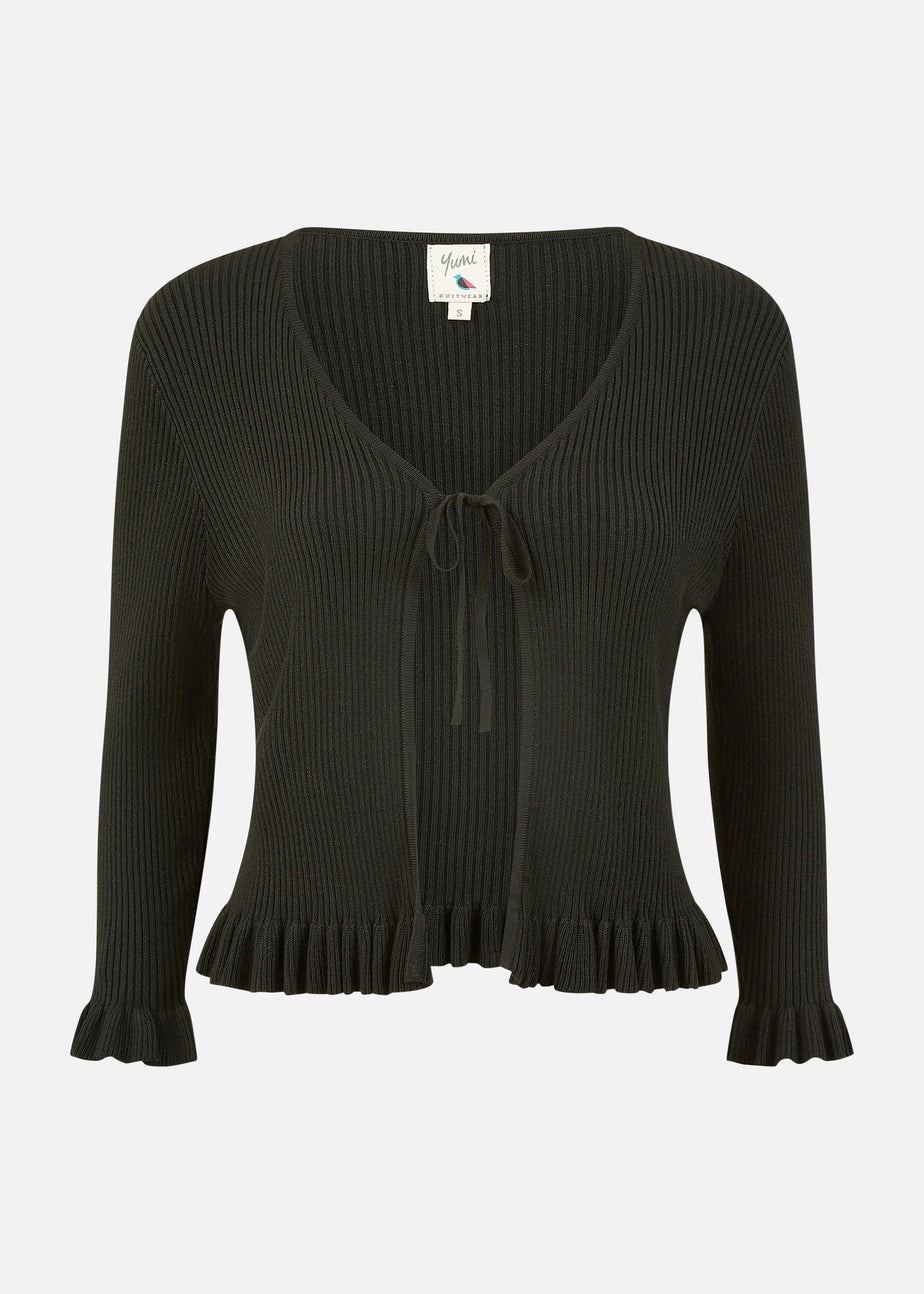 Yumi Black Tie Up Ribbed Cardigan With Frill Hem