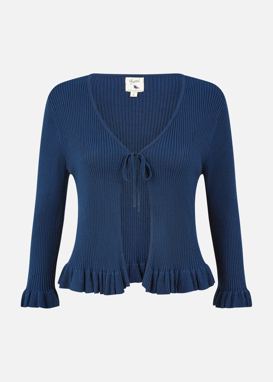 Yumi Navy Tie Up Ribbed Cardigan With Frill Hem