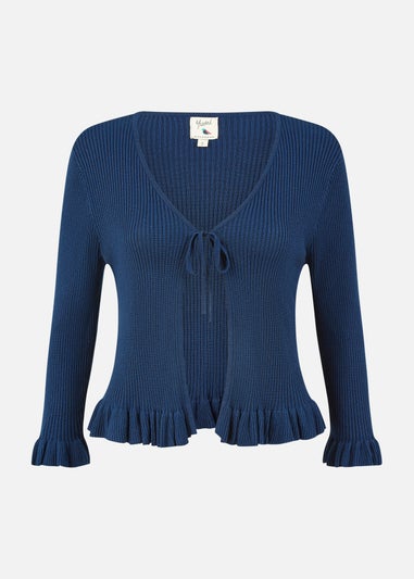 Yumi Navy Tie Up Ribbed Cardigan With Frill Hem
