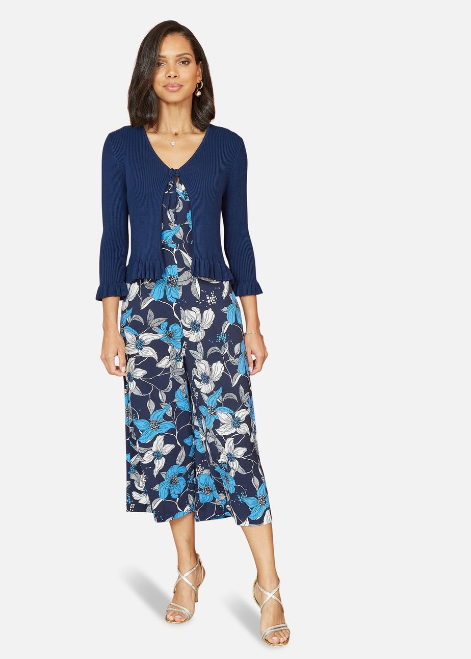 Yumi Navy Tie Up Ribbed Cardigan With Frill Hem