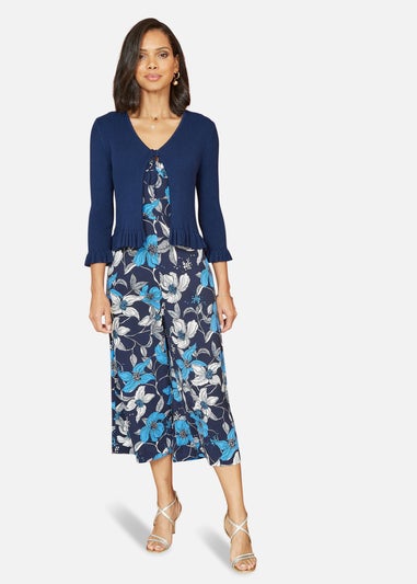 Yumi Navy Tie Up Ribbed Cardigan With Frill Hem