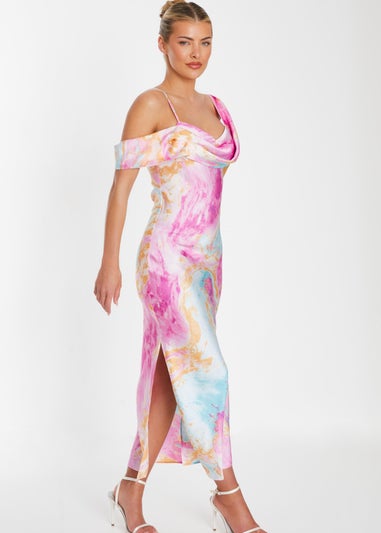 Quiz Pink Marble Print Satin Midaxi Dress