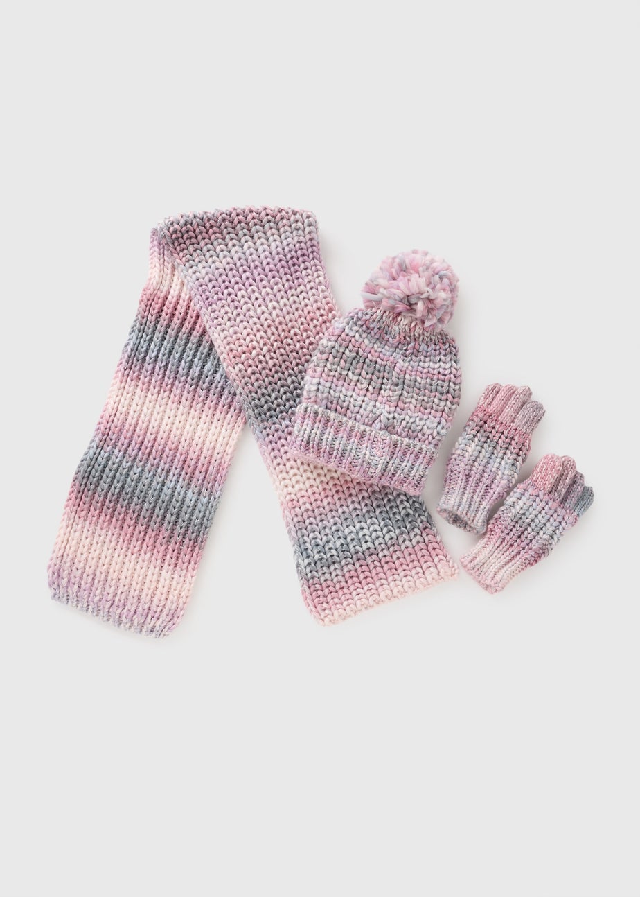3 Piece Girls Multicolour Slub Hat & Scarf Set (3-13yrs)